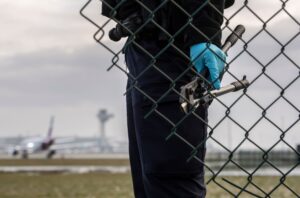 Eine Beamtin der Bundespolizei steht nach einer Protestaktion der «Letzten Generation» im Herbst 2022 mit einem sichergestellten Bolzenschneider an einem Zaun am Flughafen BER.