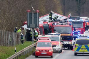 Ein mit Schweinen beladener Tiertransporter ist auf der A2 umgestürzt - die Fahrbahn ist voll gesperrt.