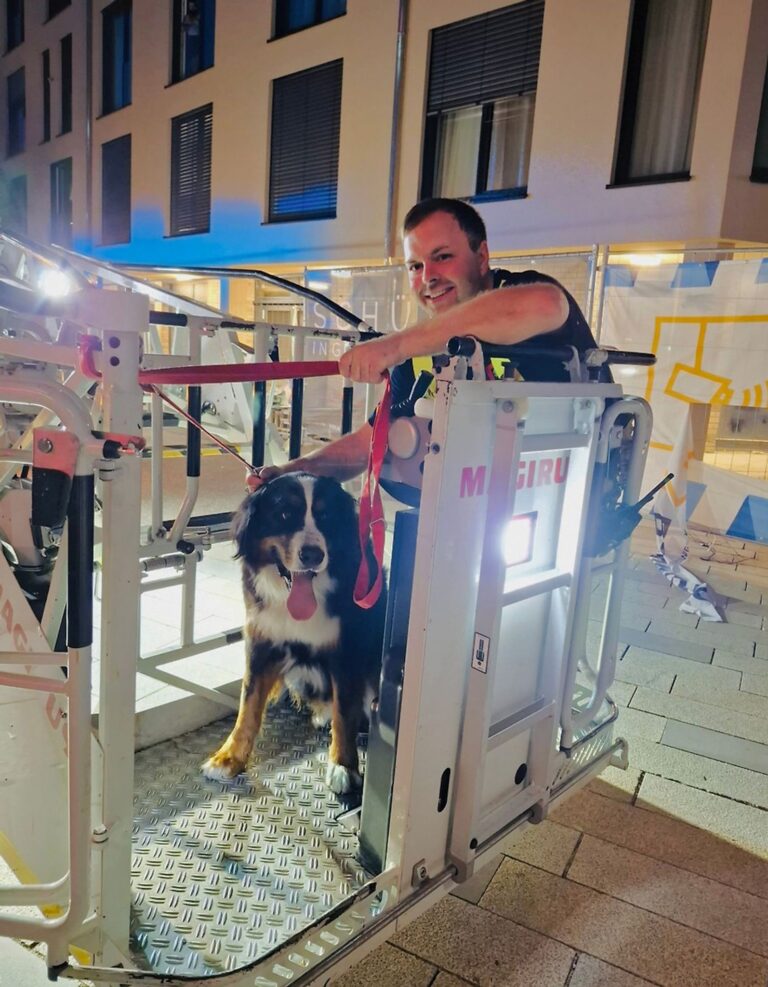 Ein Feuerwehrmann holt einen Hund mittels der Drehleiter aus 20 Metern Höhe vom Dach eines Einkaufszentrums. Foto: -/Feuerwehr Böblingen/dpa