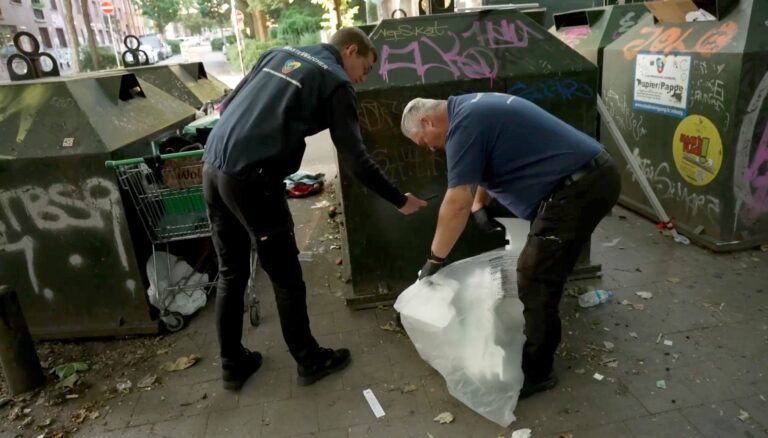 Zwei Waste Watcher der Stadtreinigung Hamburg während einer Kontrolle. Foto: Julius Schreiner/dpa