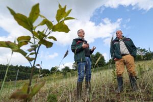 Schleswig-Holsteins Landwirtschaftsminister Werner Schwarz (l., CDU) mit dem Direktor der Schleswig-Holsteinischen Landesforsten, Chris Freise. Aus jungen Bäumen wird ein Wald, der nicht nur das Klima, sondern auch das Wasser schützen soll.