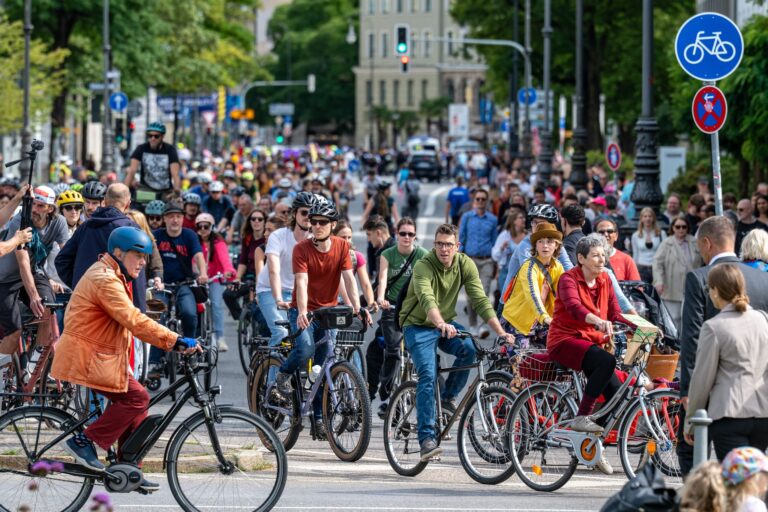 Auf dem Rad ziehen Hunderte Menschen durch München. Foto: Armin Weigel/dpa