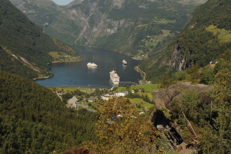 Ein Kreuzfahrtschiff liegt im Geirangerfjord im Südwesten Norwegens. Der Fjord gehört zum Weltnaturerbe. (Archivbild)  Foto: Sigrid Harms/dpa