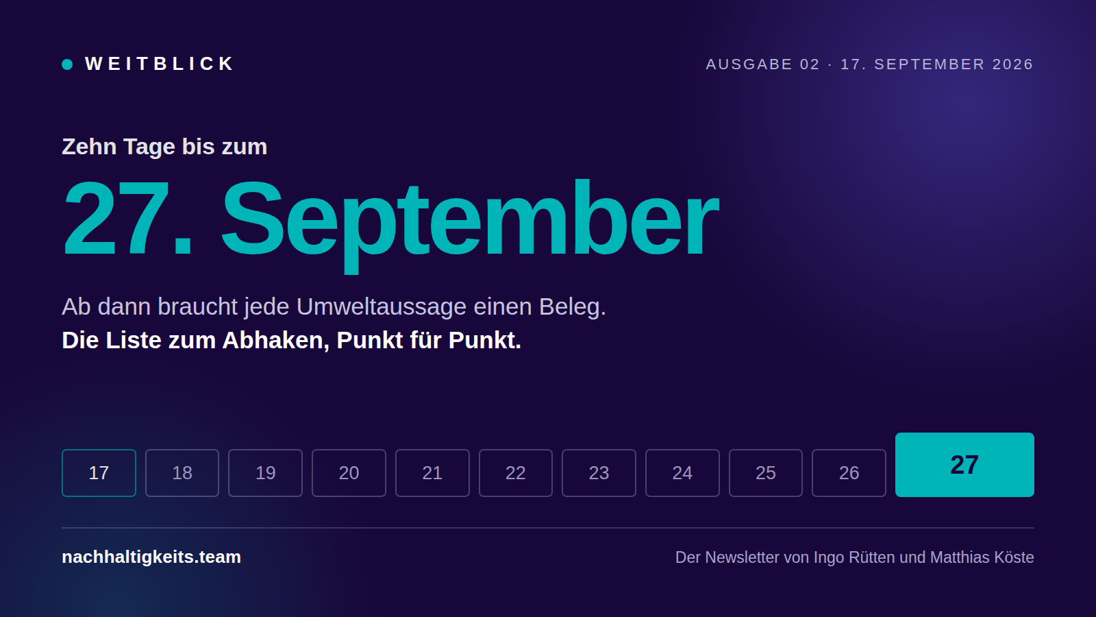 Weitblick Ausgabe 02: Zehn Tage bis zum 27. September. Ab dann braucht jede Umweltaussage einen Beleg.